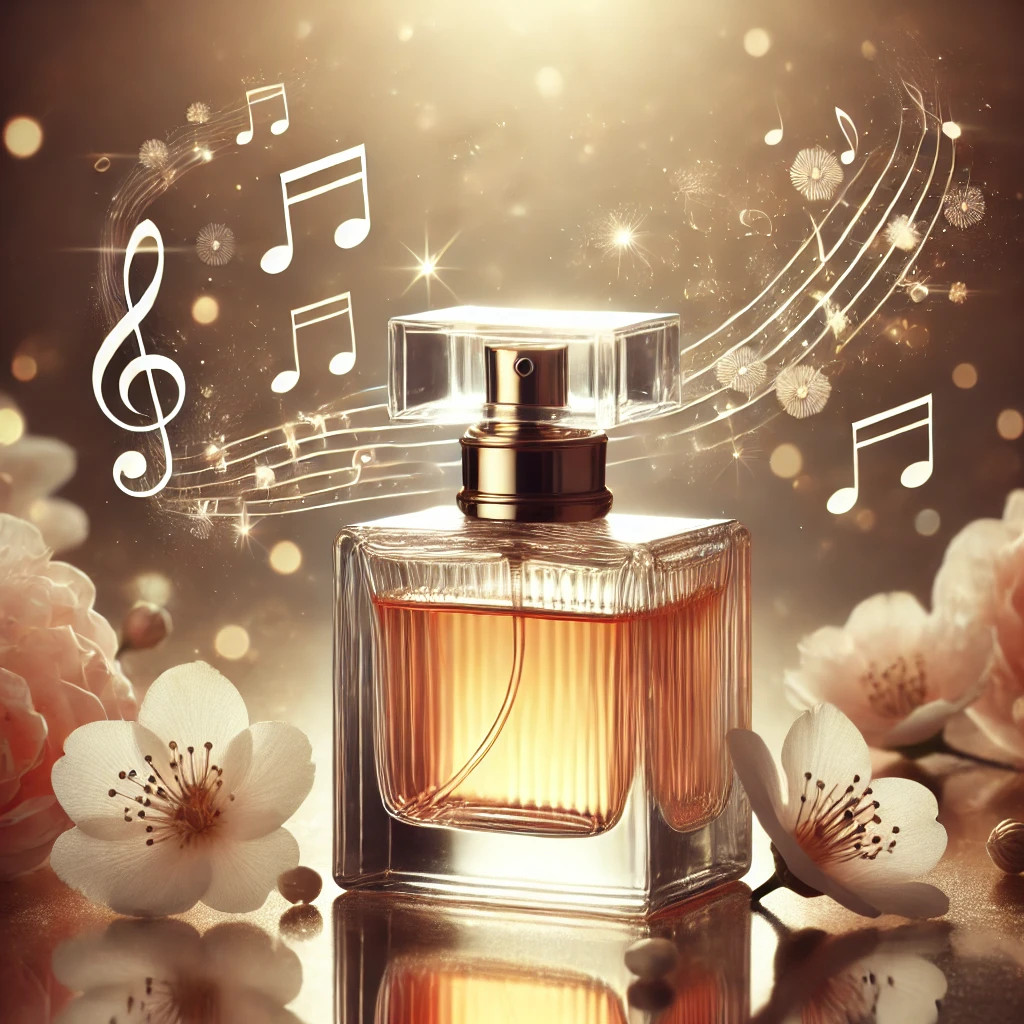 dalla-e-2025-01-07-22.22.56-an-elegant-perfume-bottle-surrounded-by-delicate-flower-petals-with-musical-notes-floating-in-the-air-to-symbolize-an-olfactory