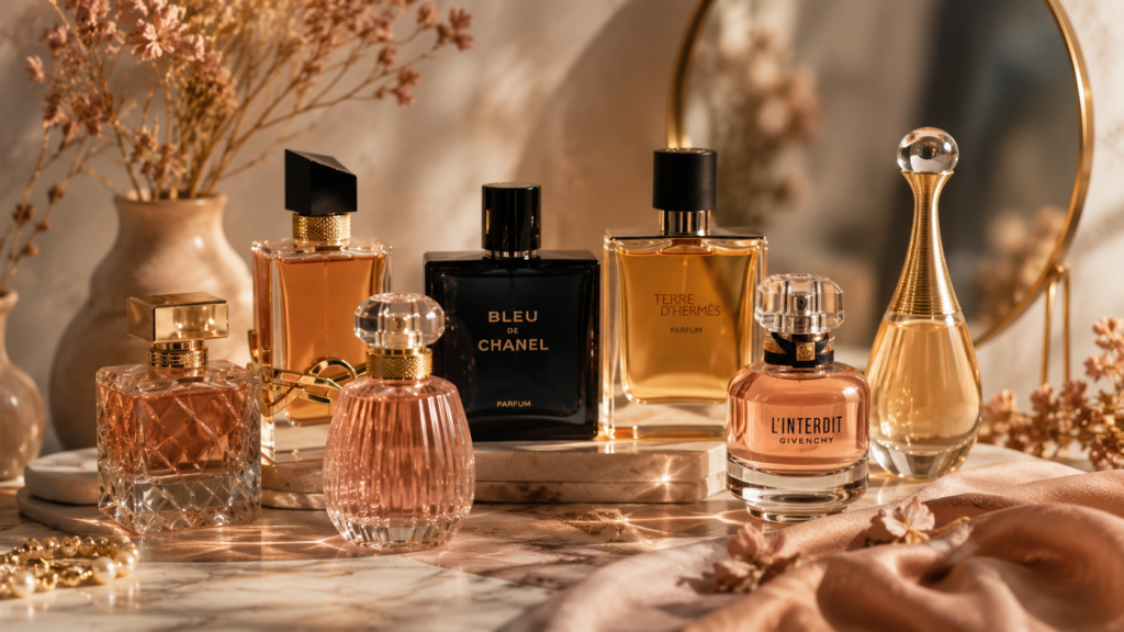 Frascos de perfumes masculinos e femininos sobre superfície elegante com elementos naturais e iluminação sofisticada representando as tendências de fragrâncias de 2026
