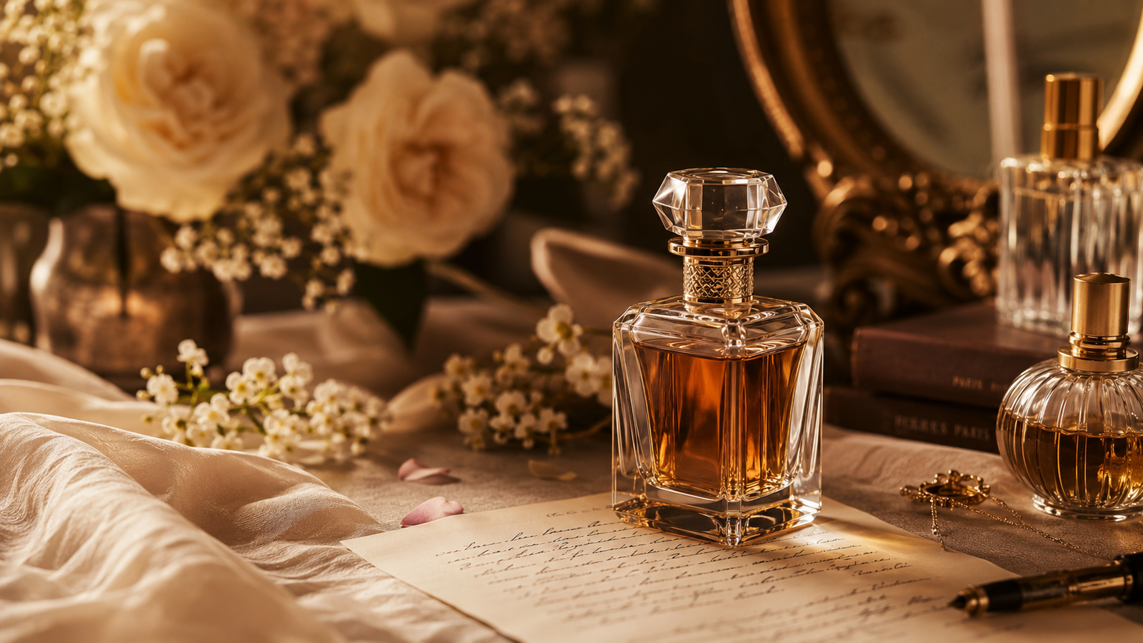 Uma composição editorial sofisticada com frascos de perfume em tons âmbar sobre tecido acetinado, flores delicadas e iluminação dourada suave, transmitindo elegância, memória e poesia olfativa. o perfume no linguajar da poesia